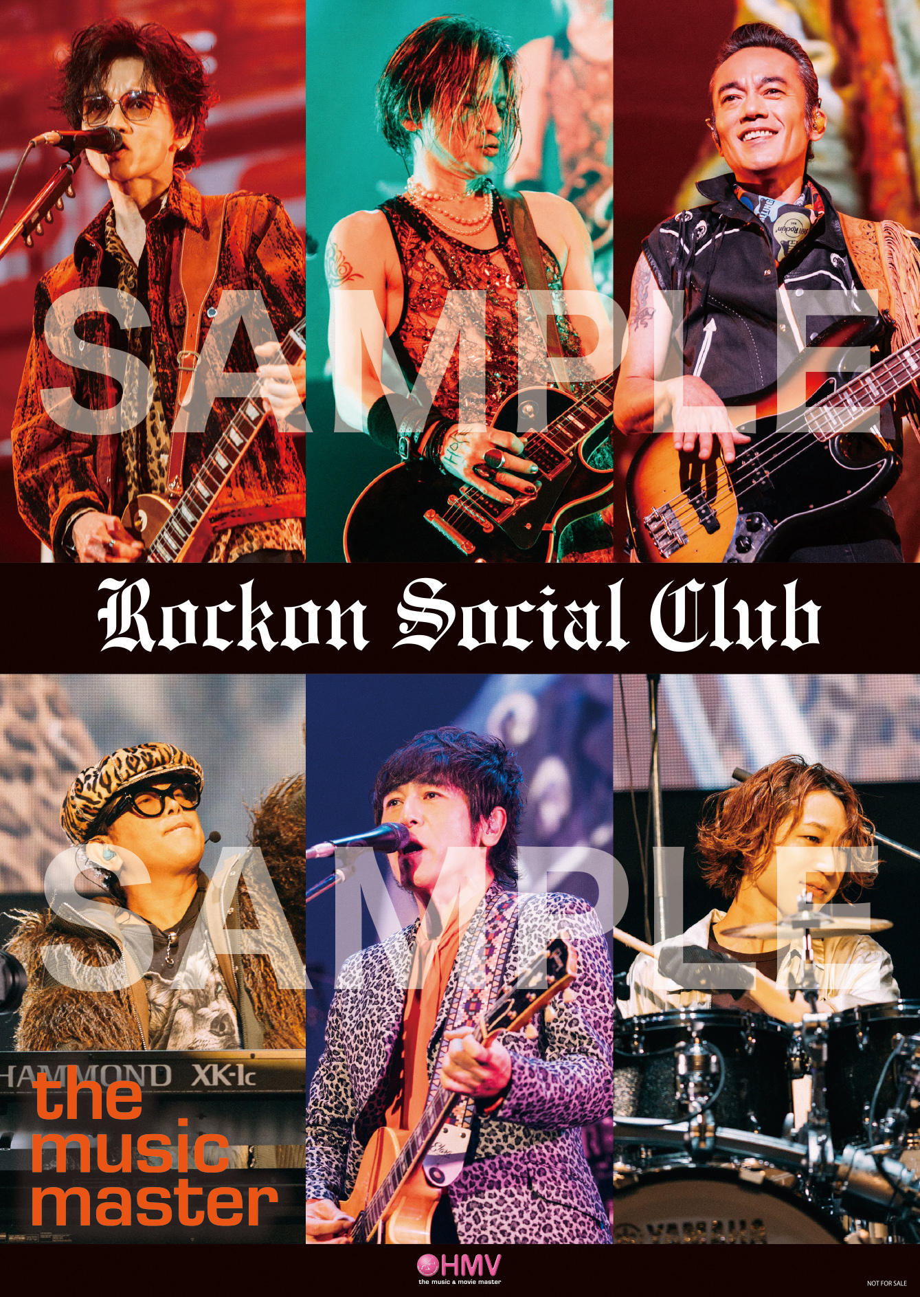 Posters features a rock band collage on stage with guitars and drums; bold 'Rockin Social Club' banner and 'sample' watermark across the image.