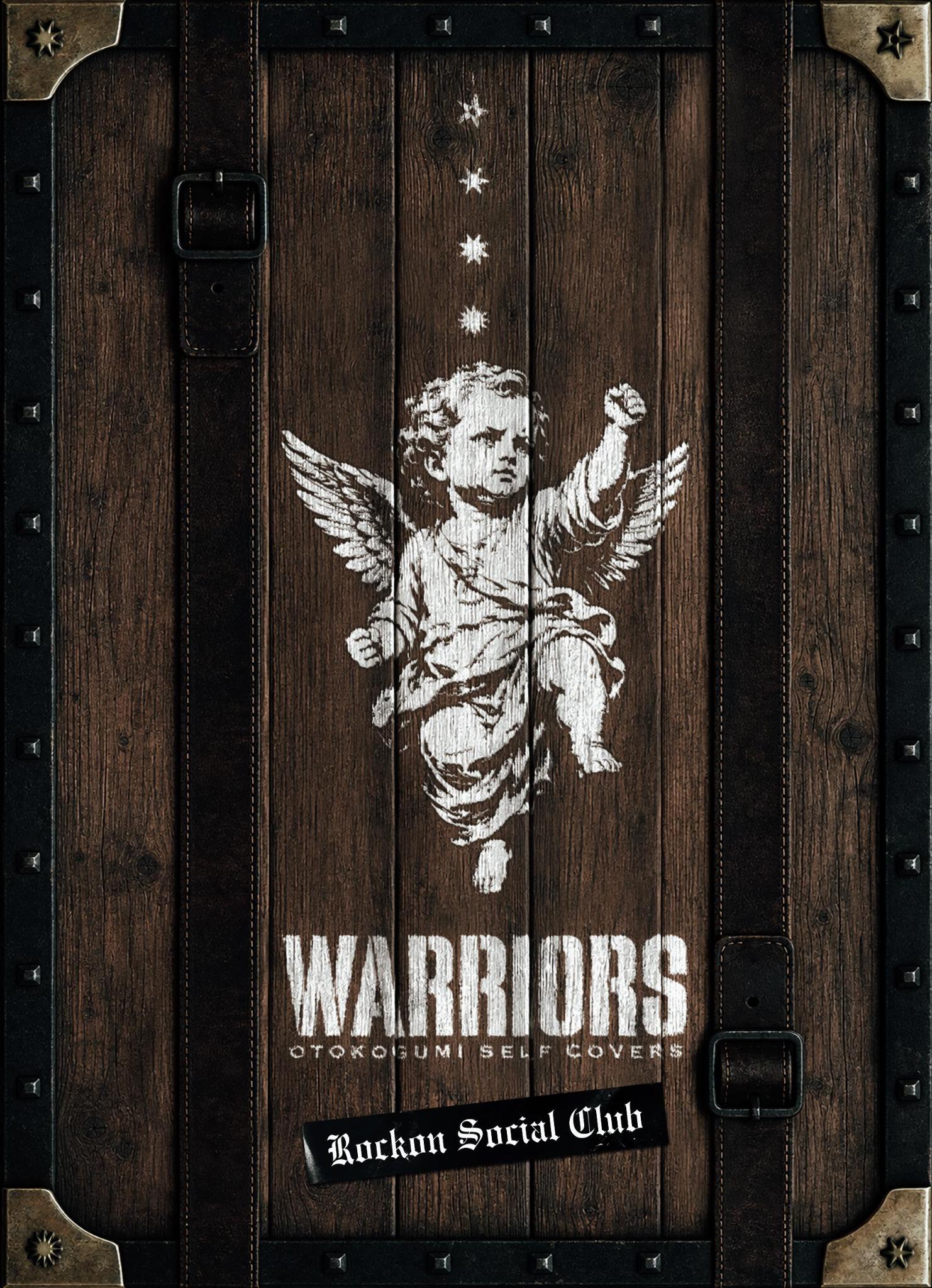 Wooden chest with metal straps and studs featuring a white cherub illustration above the word WARRIORS and a small Rockon Social Club banner.